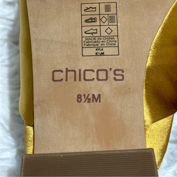 Chico's Kyla Mules Marigold Gold Wrap Silk Fabric Mob Wife Lux Sz.8.5 Classic - Picture 10 of 14